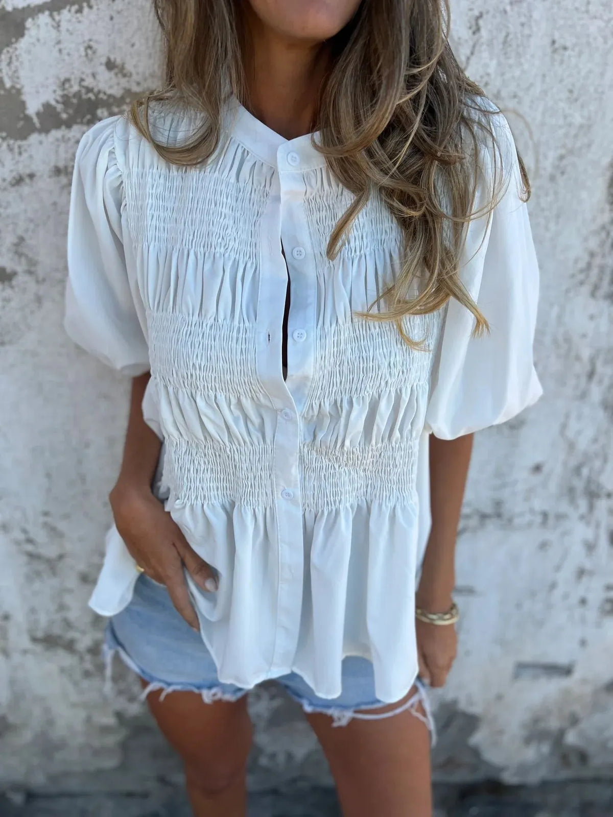 Full Size Smocked Puff Sleeve Blouse Plus Size
