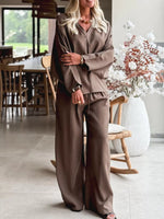 Braided V Neck Long Sleeve Loose Top and Drawstring High Waist Pants 2pcs Outfit