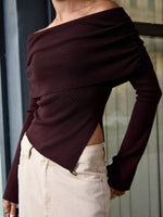 Asymmetrical Hem Off-Shoulder Long Sleeve Knit Top