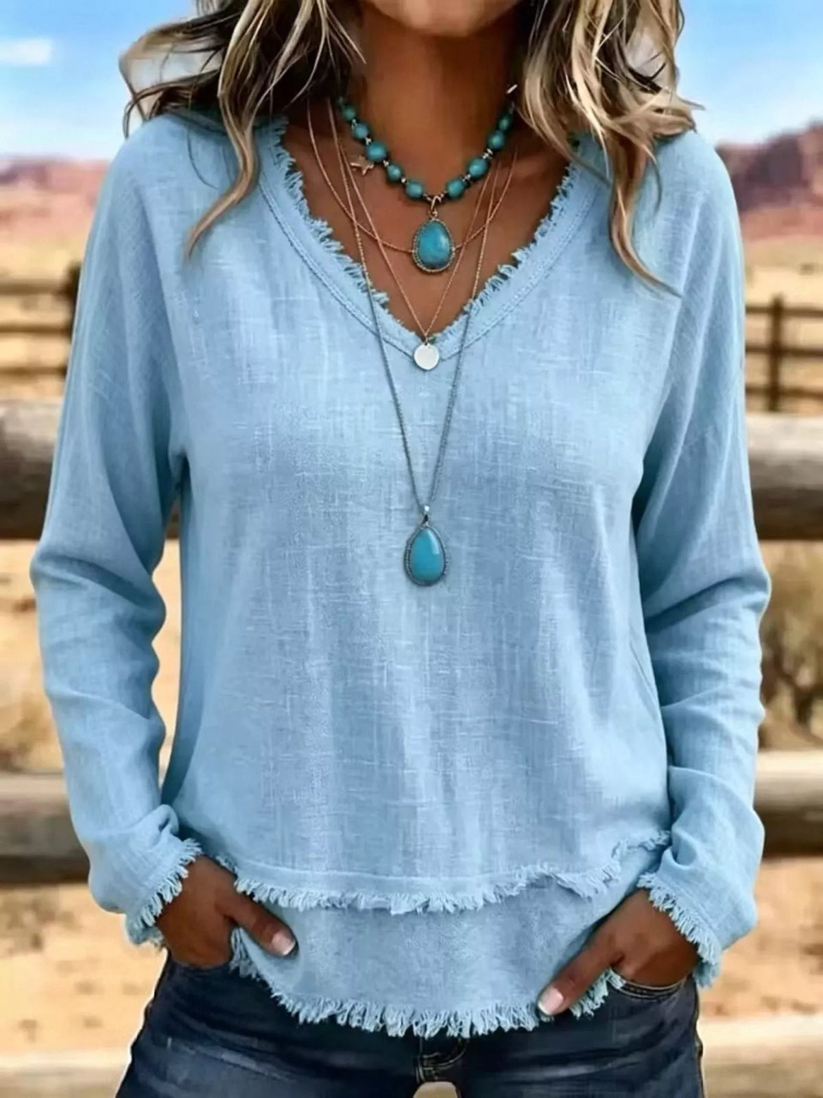 V-Neck Long Sleeve Blouse with Frayed Hem Detail