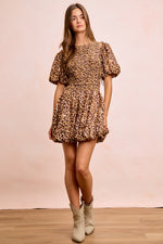 BiBi Leopard Bow Tie Attachable Puff Sleeves Dress