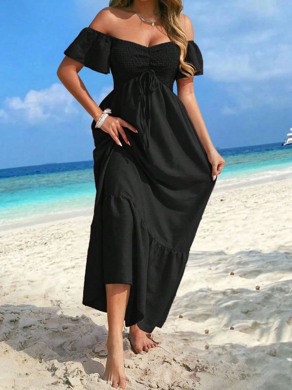 Off-Shoulder Smocked Maxi Dress with Ruffle Hem - Ladyez