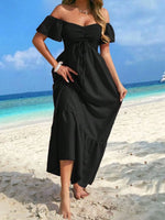 Off-Shoulder Smocked Maxi Dress with Ruffle Hem - Ladyez