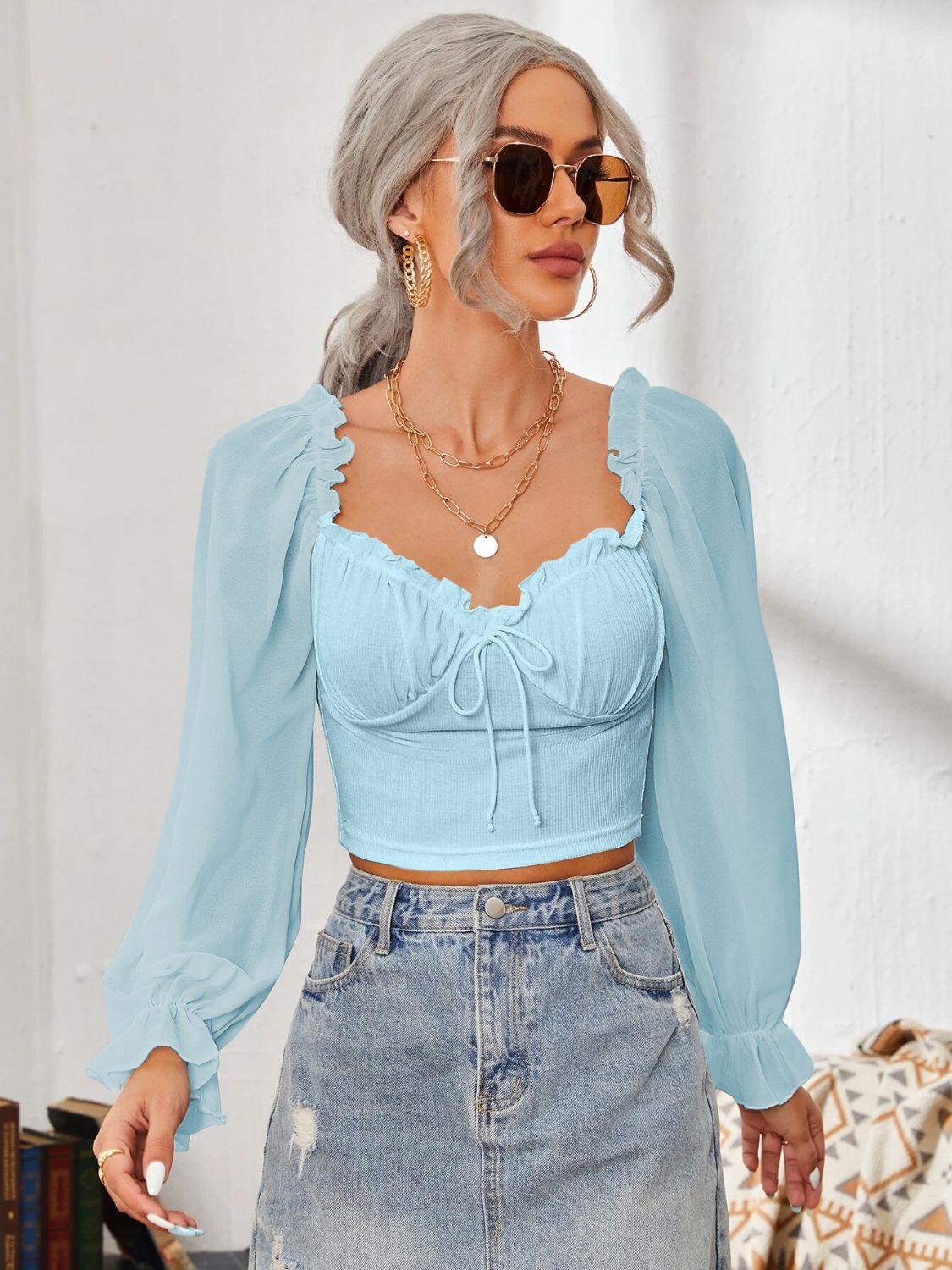 Mesh Sweetheart Neck Flounce Sleeve Top - Ladyez