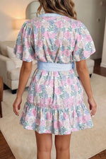 Floral Print Striped Contrast Trim Belted Short Dress
