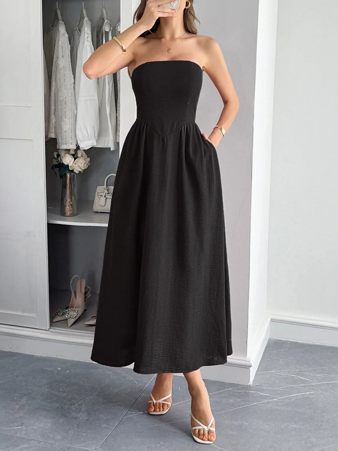 Strapless A-Line Midi Dress with Pockets - Ladyez