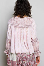 POL Mixed-Pattern Lace Detail Blouse