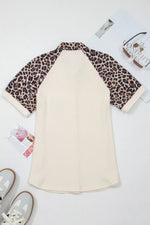 Ribbed Texture Button Down Leopard Patchwork Short Sleeve Shirt