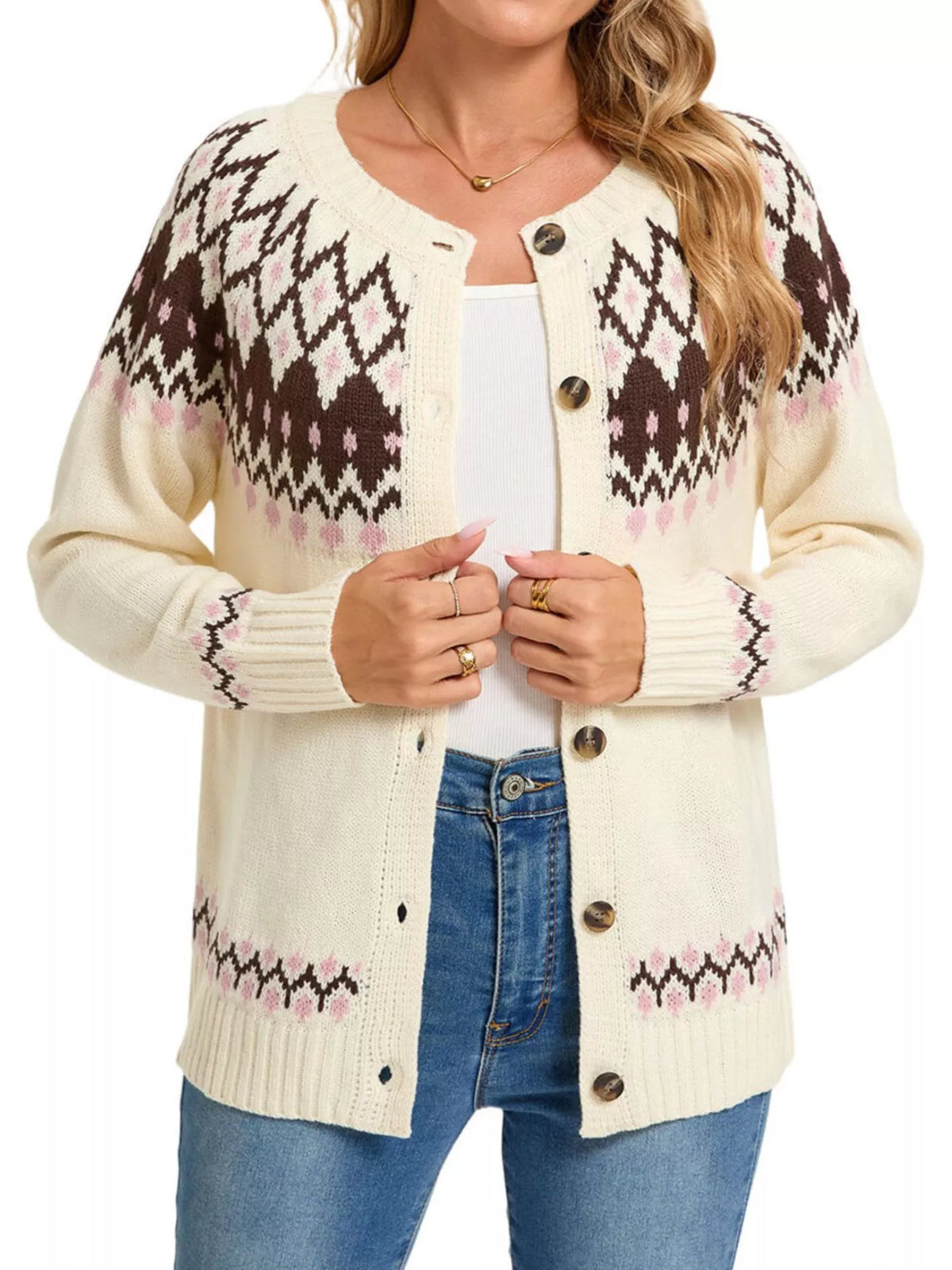 Fair Isle Patterned Button-Down Knit Cardigan