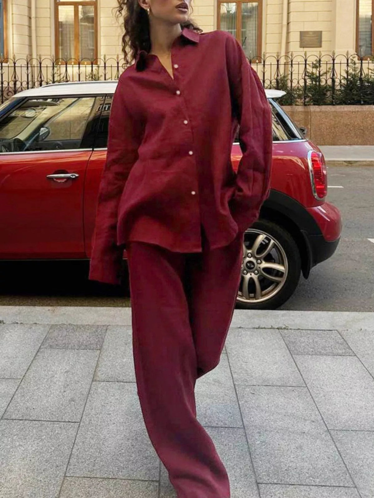 Relaxed Fit Button Up Shirt and Pants Two-Piece Set