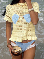 Openwork Ruffled Hem Knit Top