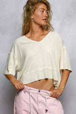 POL Short Sleeve Ccopped Rib T-Shirt with Contrast Stitch Detail