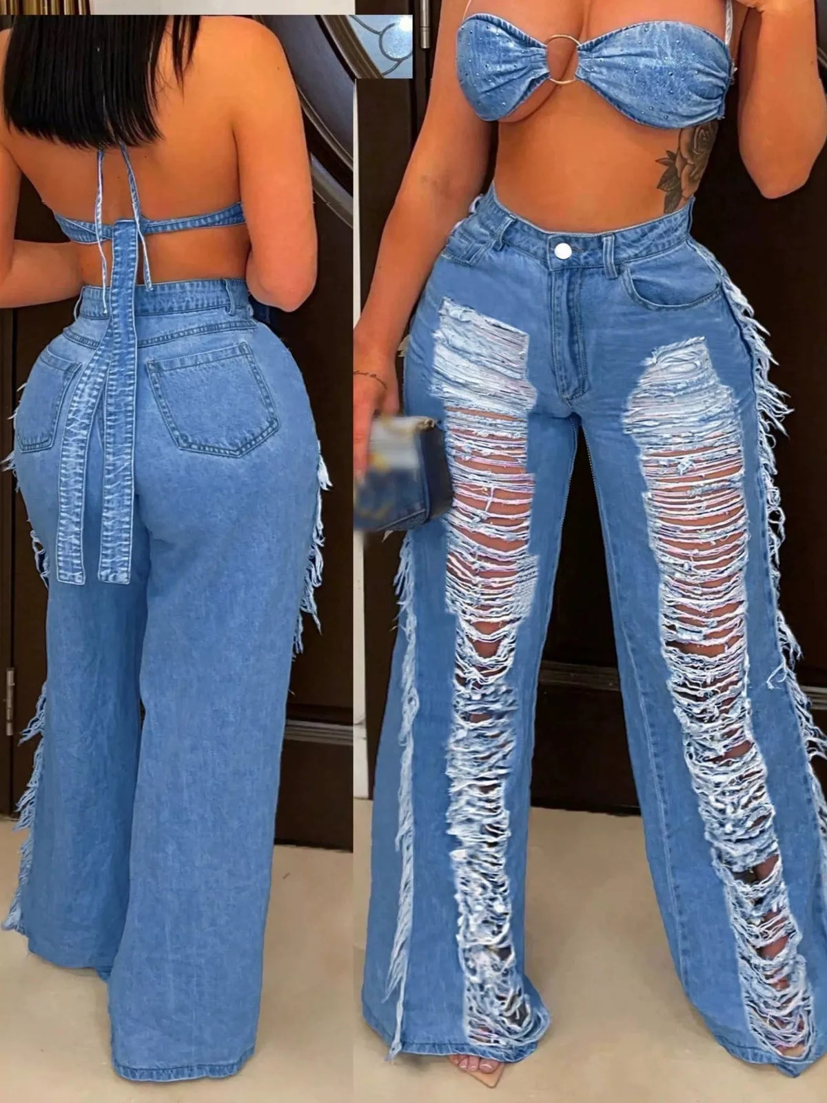 Distressed Wide-Leg Jeans