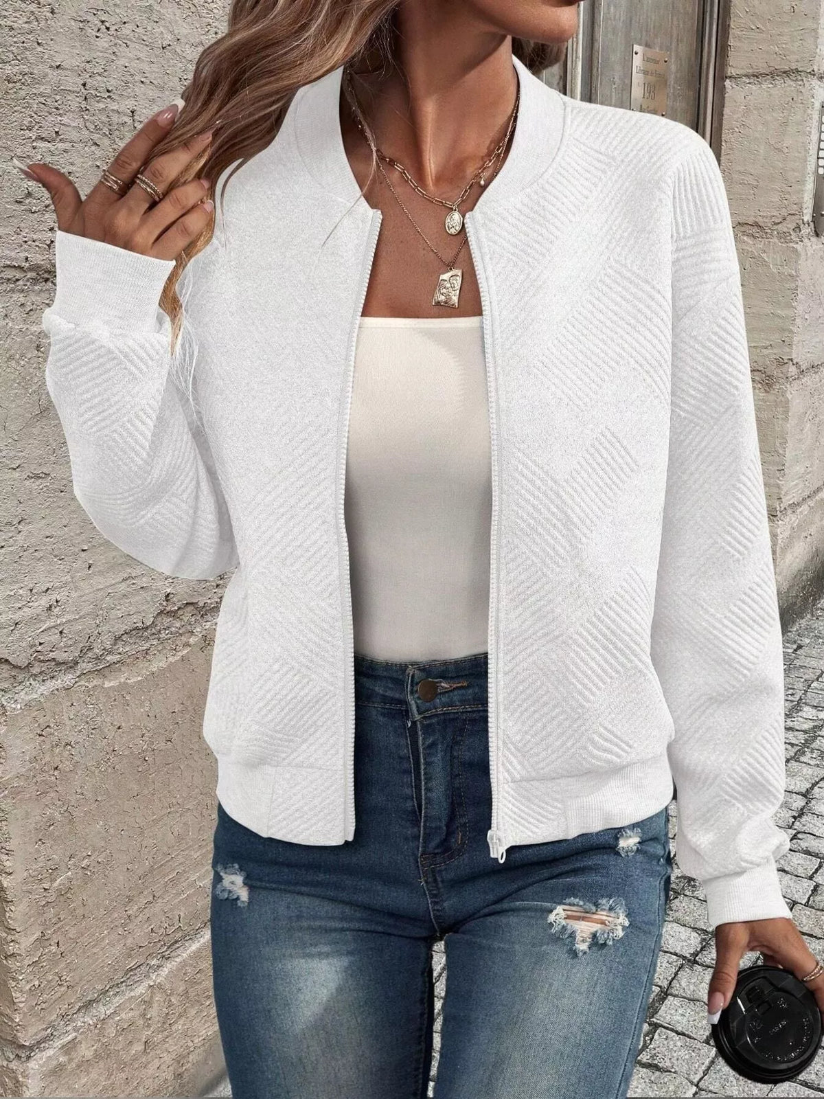 Full Size Zip Up Long Sleeve Textured Jacket Plus Size