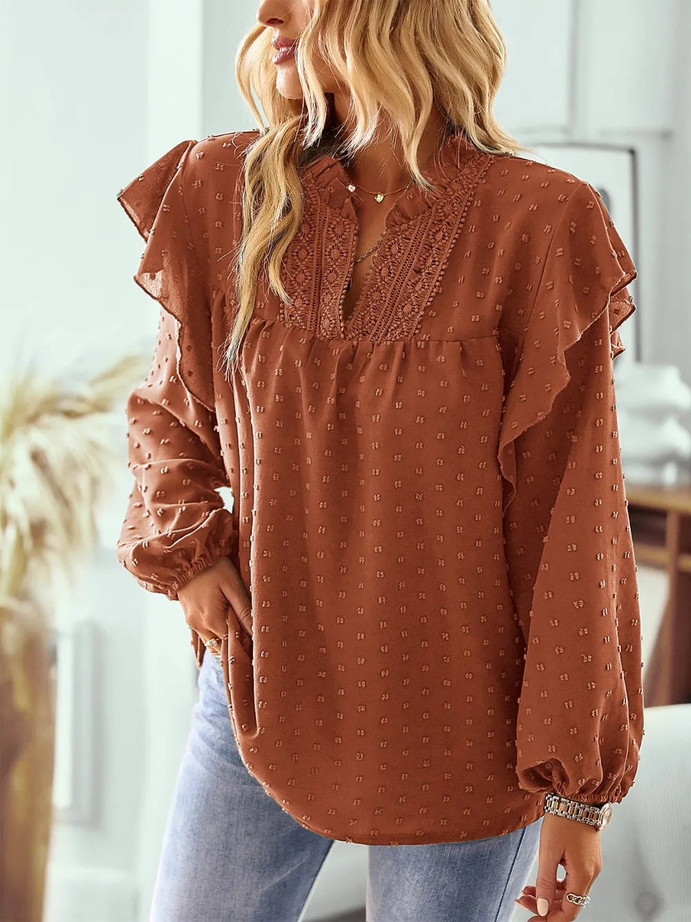Swiss Dot Ruffled Long Sleeve Blouse