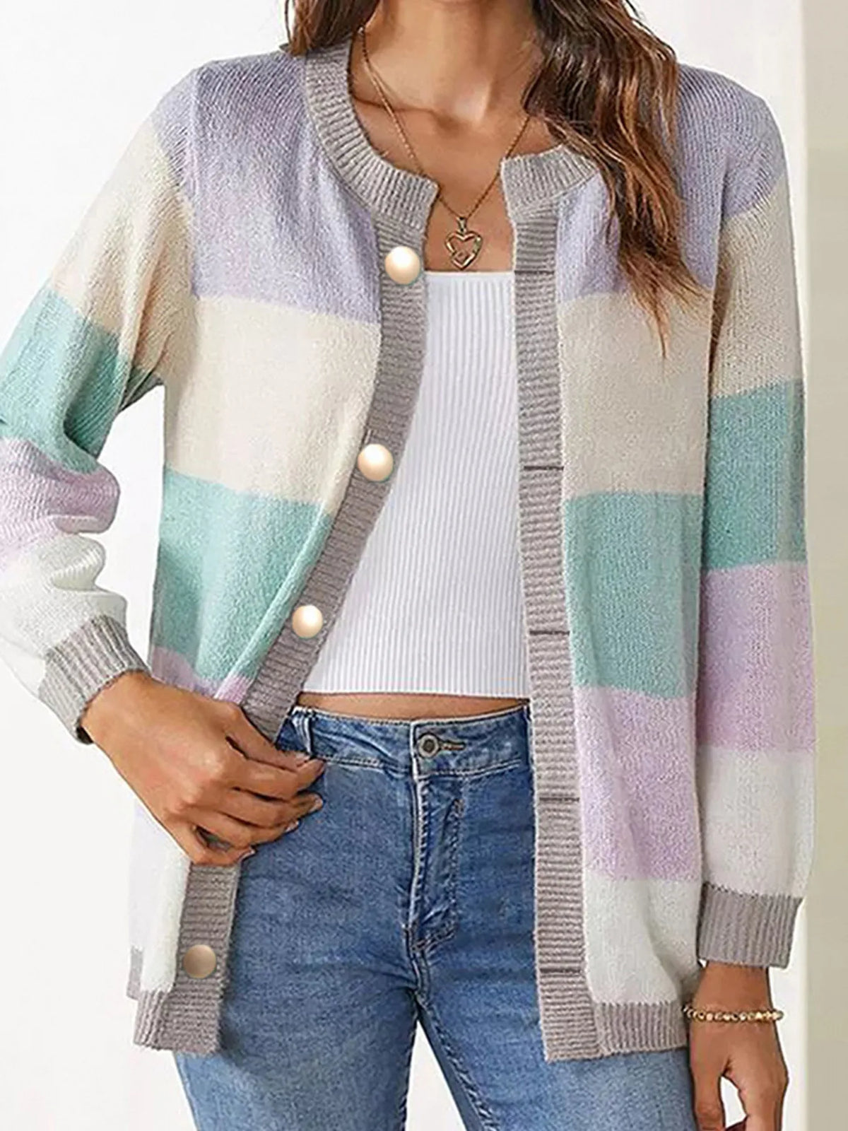 Color Block Button-Up Knit Cardigan