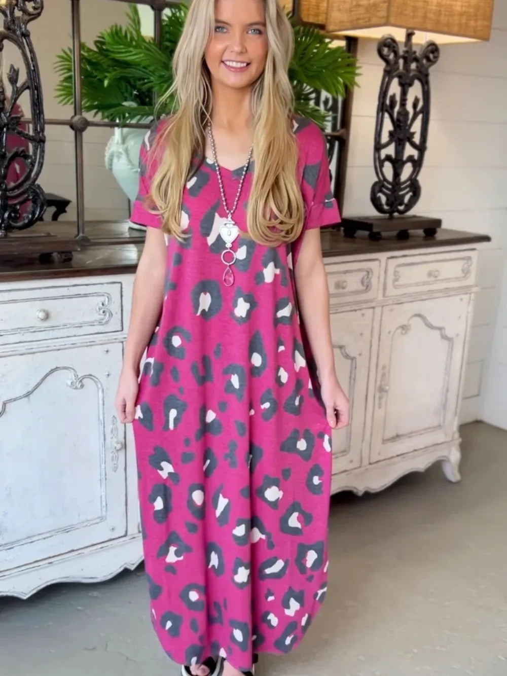 Leopard Slit V-Neck Short Sleeve Maxi Dress - Ladyez