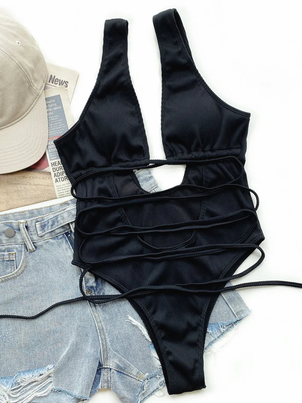 Ribbed Lace Up One-Piece Swimsuit - Ladyez