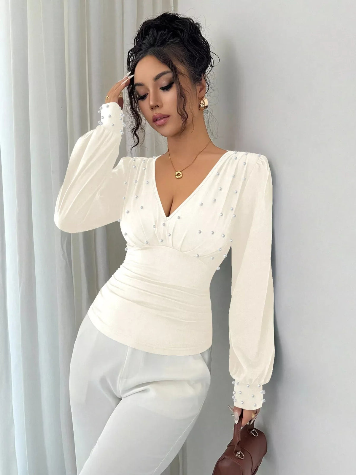 Pearl Embellished V-Neck Blouse