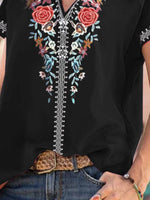 Full Size Floral Notched Short Sleeve Blouse Plus Size