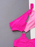 One-Shoulder Cutout Ring Detail One-Piece Swimsuit - Ladyez