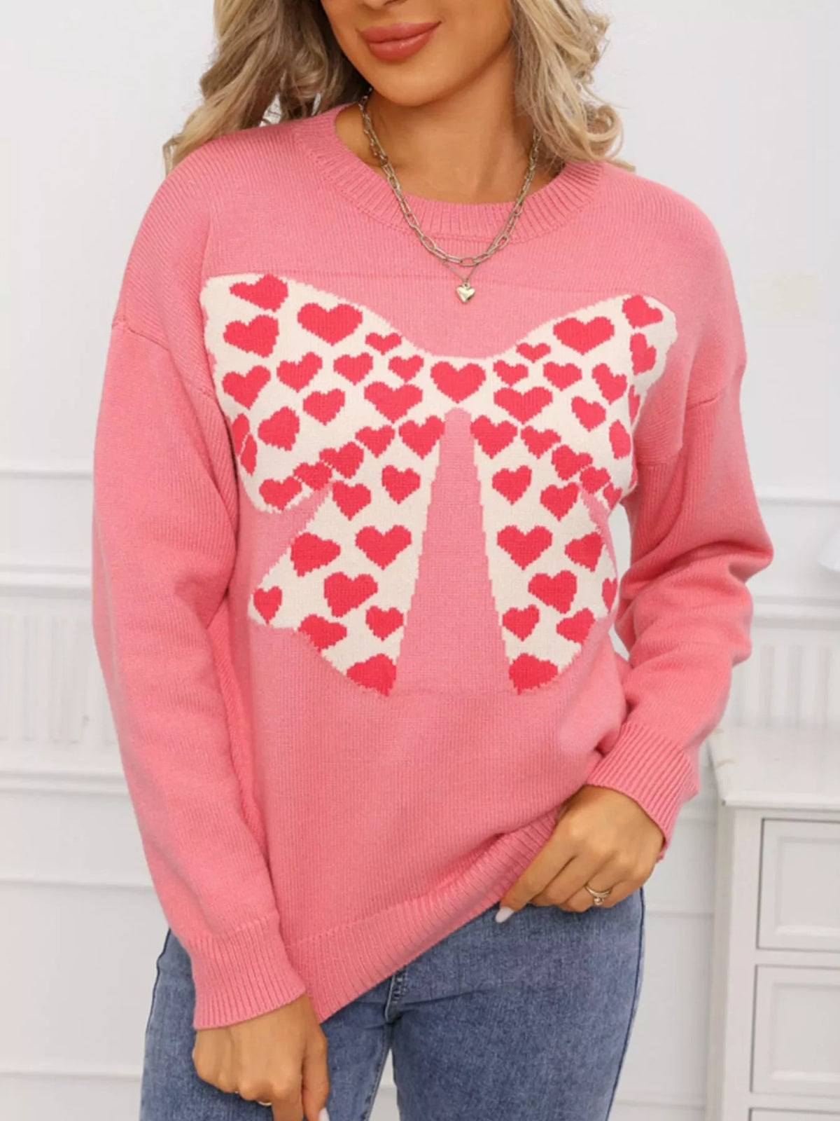 Valentine's Day Heart Bow Round Neck Sweater