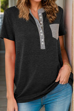 Full Size Half Button Short Sleeve T-Shirt - Ladyez