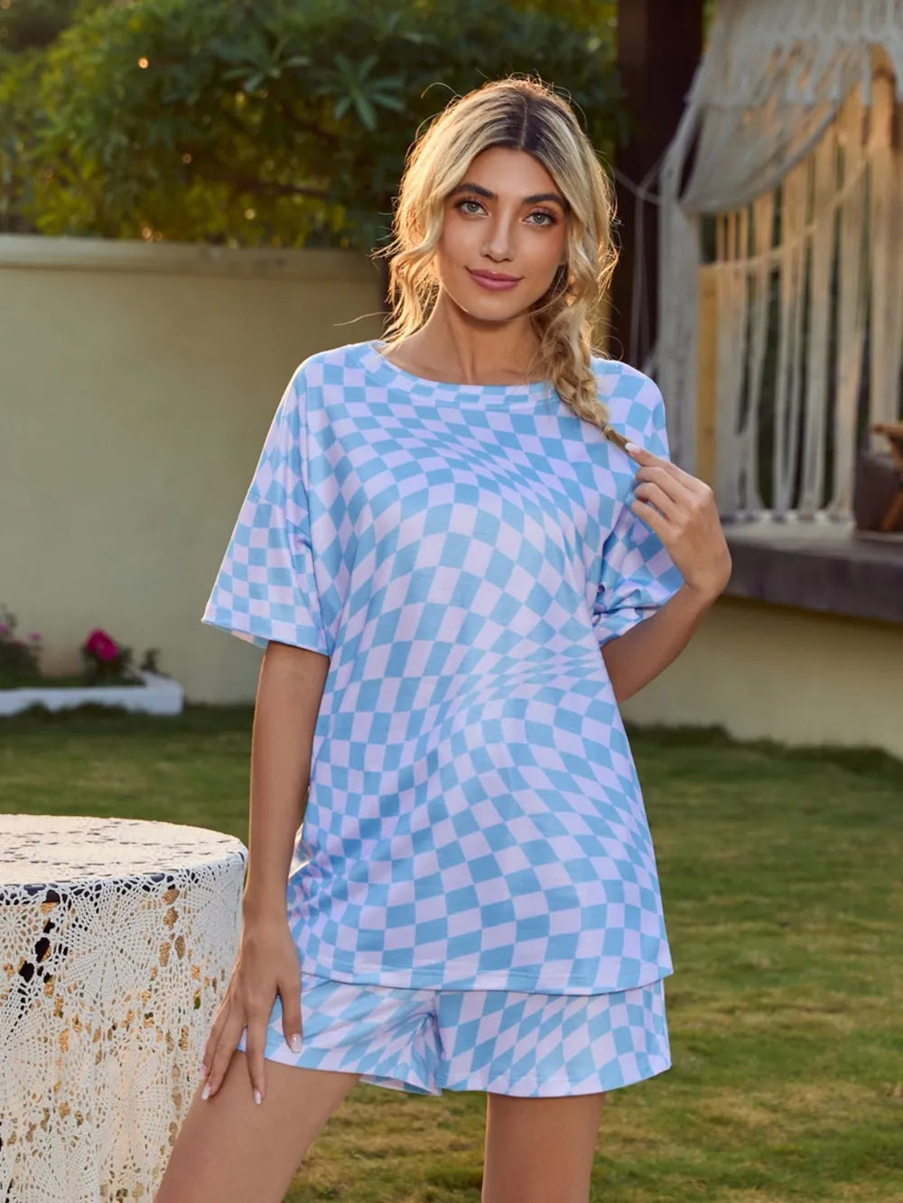 Plaid Round Neck Top and Shorts Lounge Set - Ladyez