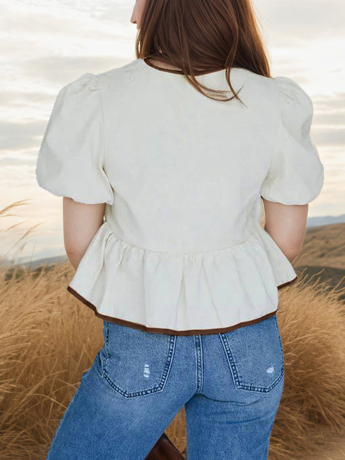 Tie-Front Puff Sleeve Peplum Blouse