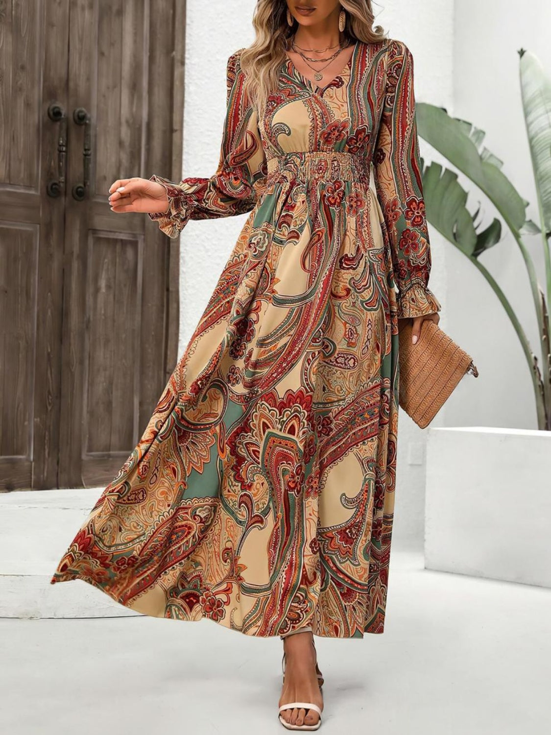 Smocked Printed V-Neck Flounce Sleeve Dress - Ladyez