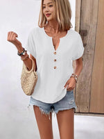 Full Size Notched Short Sleeve Top Plus Size