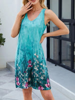 Printed V-Neck Sleeveless Mini Dress with Pockets - Ladyez