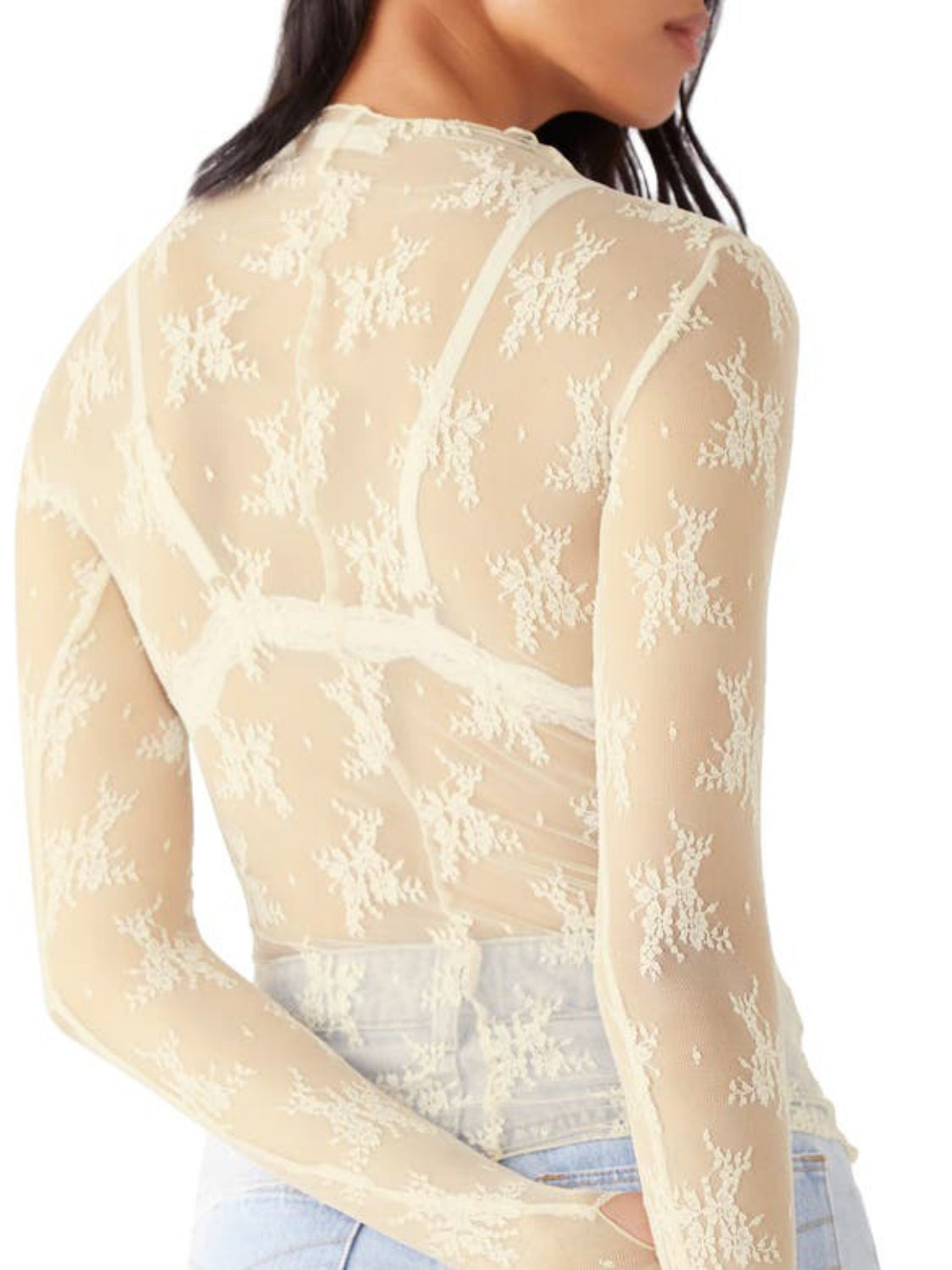 Lace Mock Neck Long Sleeve Blouse - Ladyez