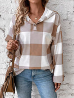 Casual Plaid Button Detail Hoodie