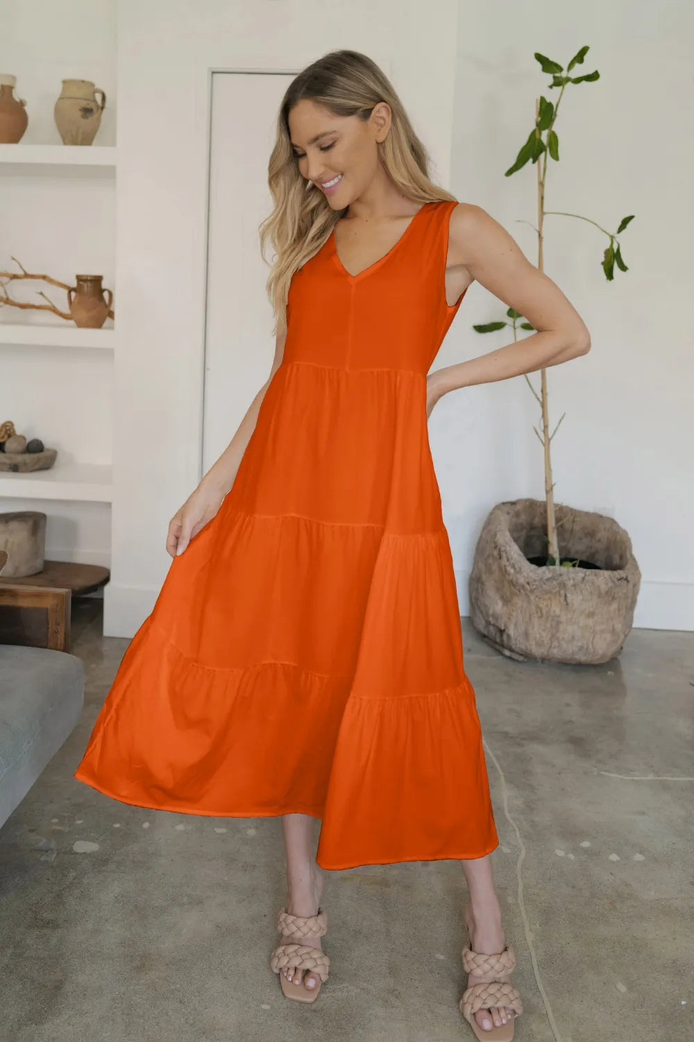 FAM-FAM Tiered V-Neck Sleeveless Dress - Ladyez