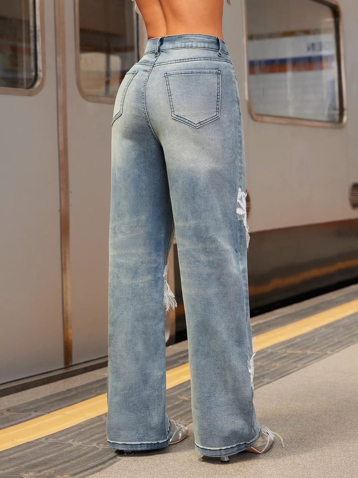 Lace Detail Wide Leg Jeans