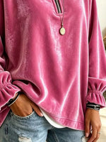 Velvet Quarter-Zip Sweatshirt with Ruffled Cuffs