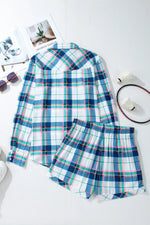 Plaid Snap Down Long Sleeve Top and Shorts Lounge Set - Ladyez