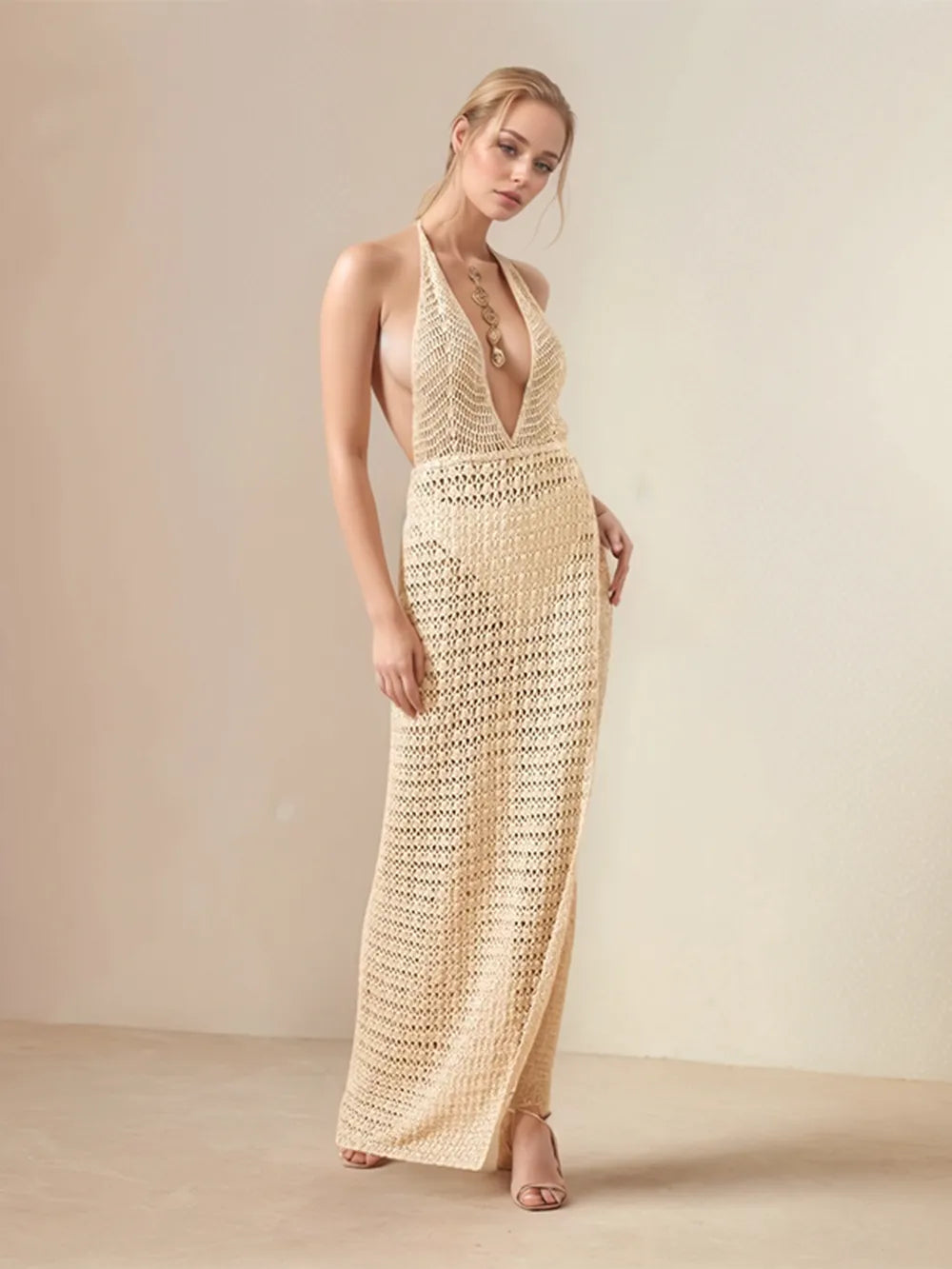 Hollow Out Halter Neck Cover-Up Dress - Ladyez