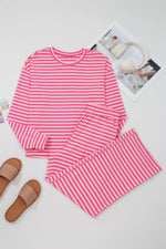 Stripe Drop Shoulder Round Neck Top and Buttoned Straight Pants Two Piece Set