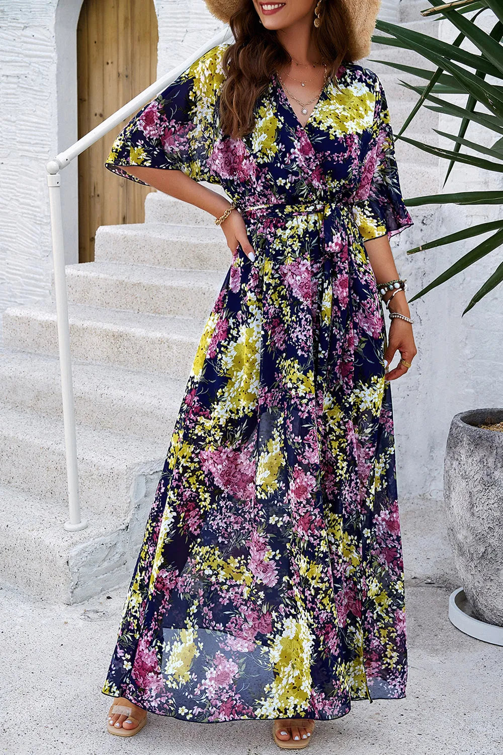 Devine Printed Tied Half Sleeve Slit Dress - Ladyez