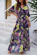 Devine Printed Tied Half Sleeve Slit Dress - Ladyez