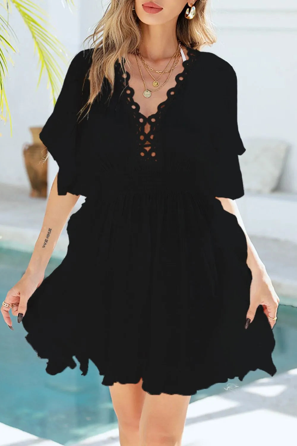 Ruffled Smocked Waist V-Neck Cover-Up - Ladyez