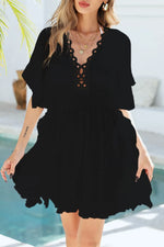 Ruffled Smocked Waist V-Neck Cover-Up - Ladyez