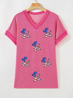 Twisted Rib Sequin Patriotic Balloon Dog V Neck Tee