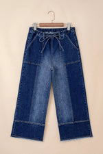 Drawstring Seam Detail Raw Hem Wide Leg Denim Pants
