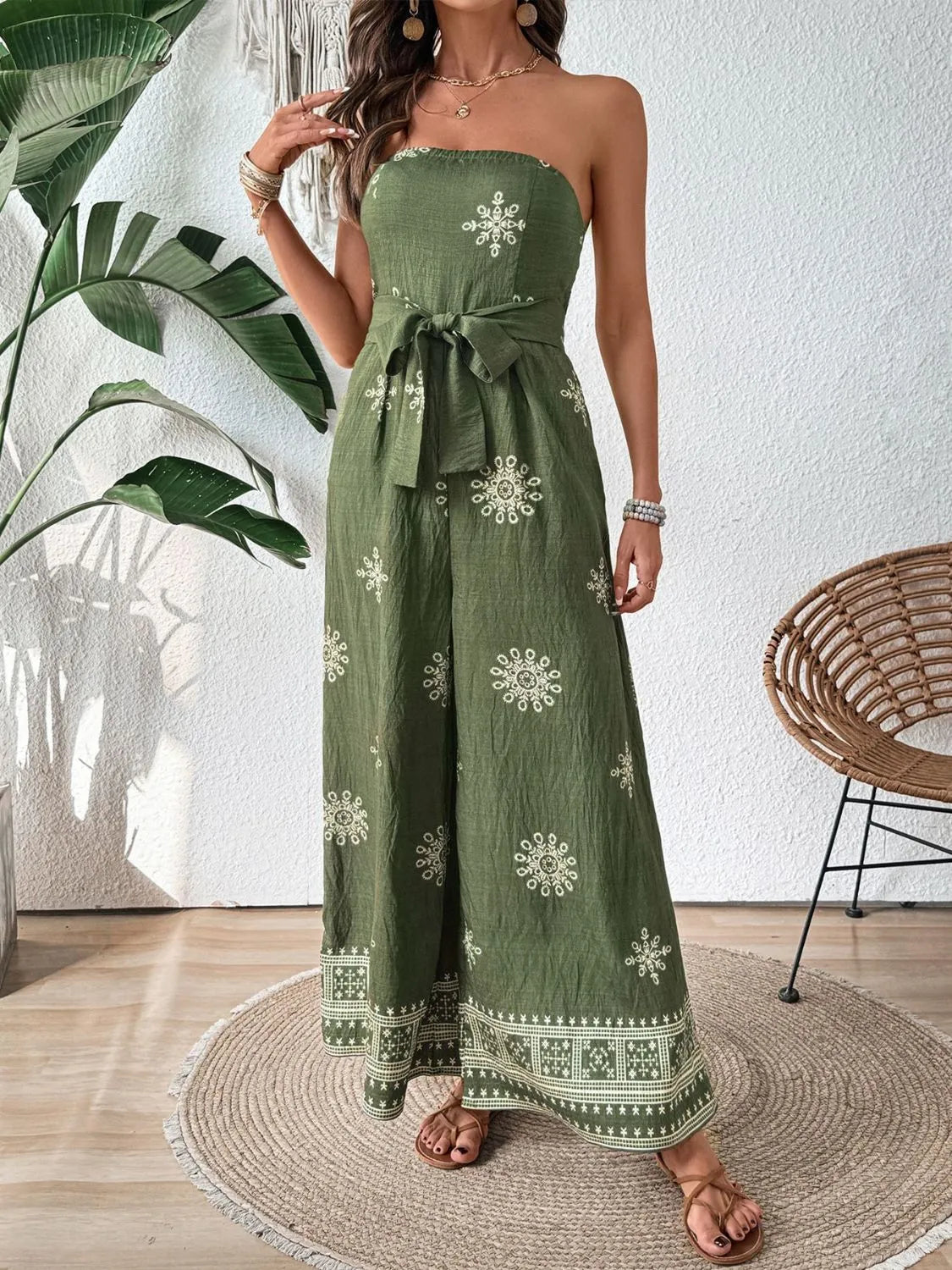 Printed Wide Leg Tube Jumpsuit - Ladyez