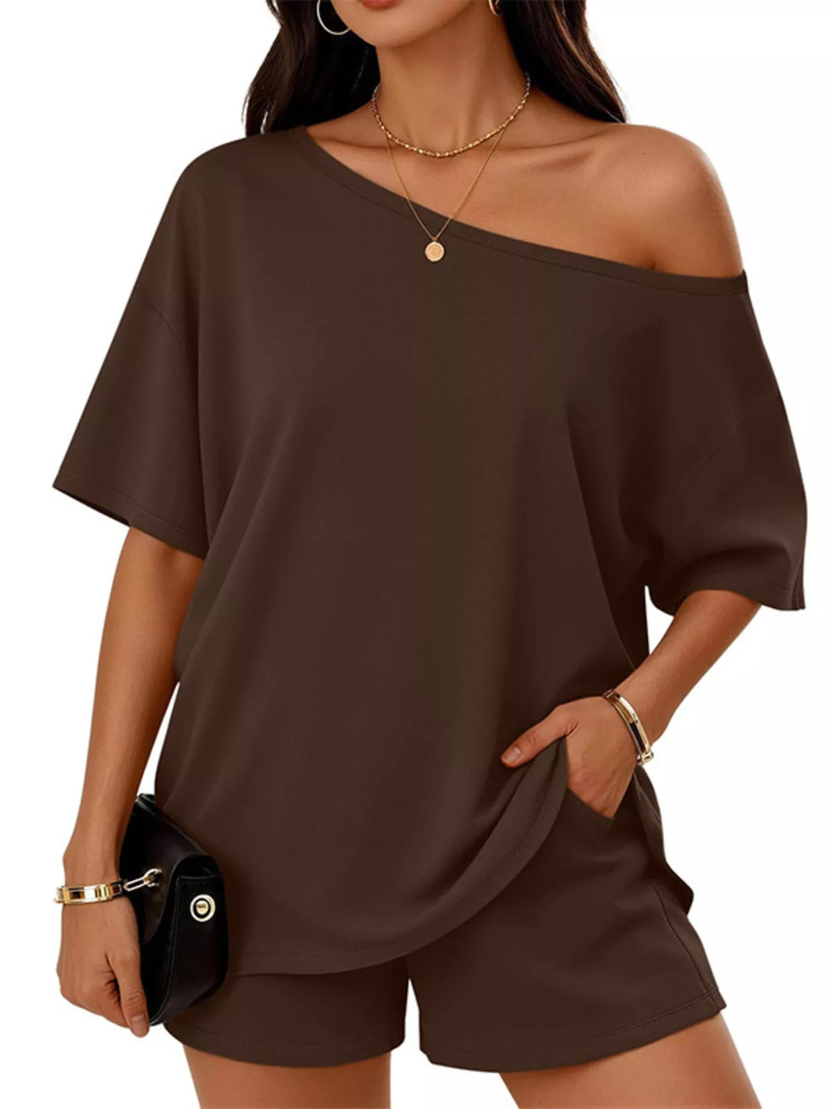 Full Size Boat Neck Tee and Shorts Set Plus Size