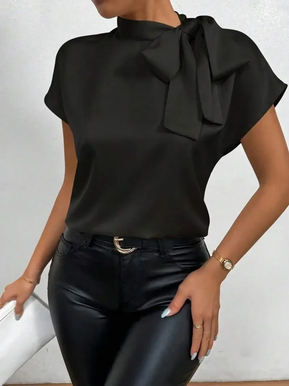 Satin Bow Tie Neck Blouse - Ladyez