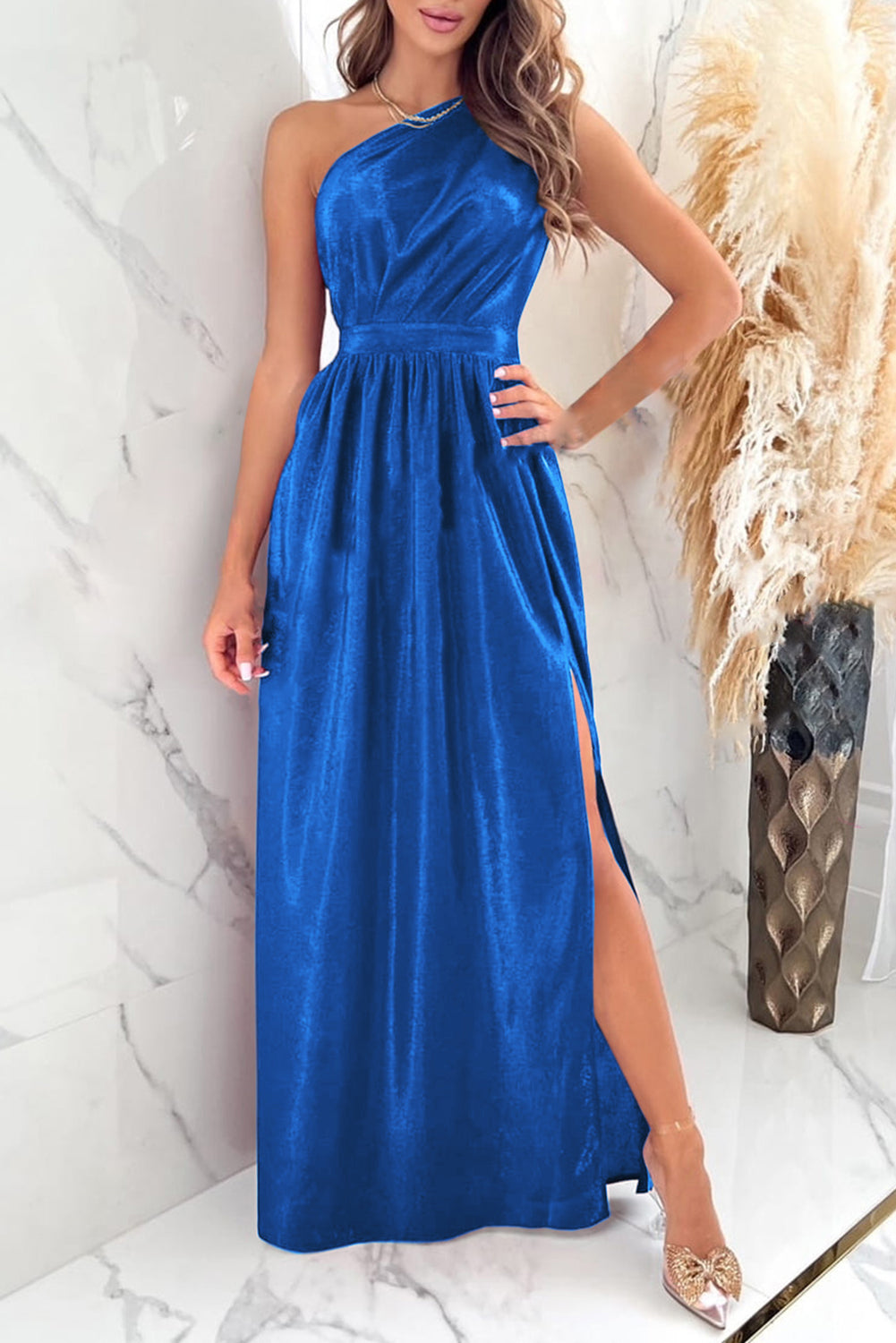 One Shoulder Slit Ruched Maxi Dress - Ladyez